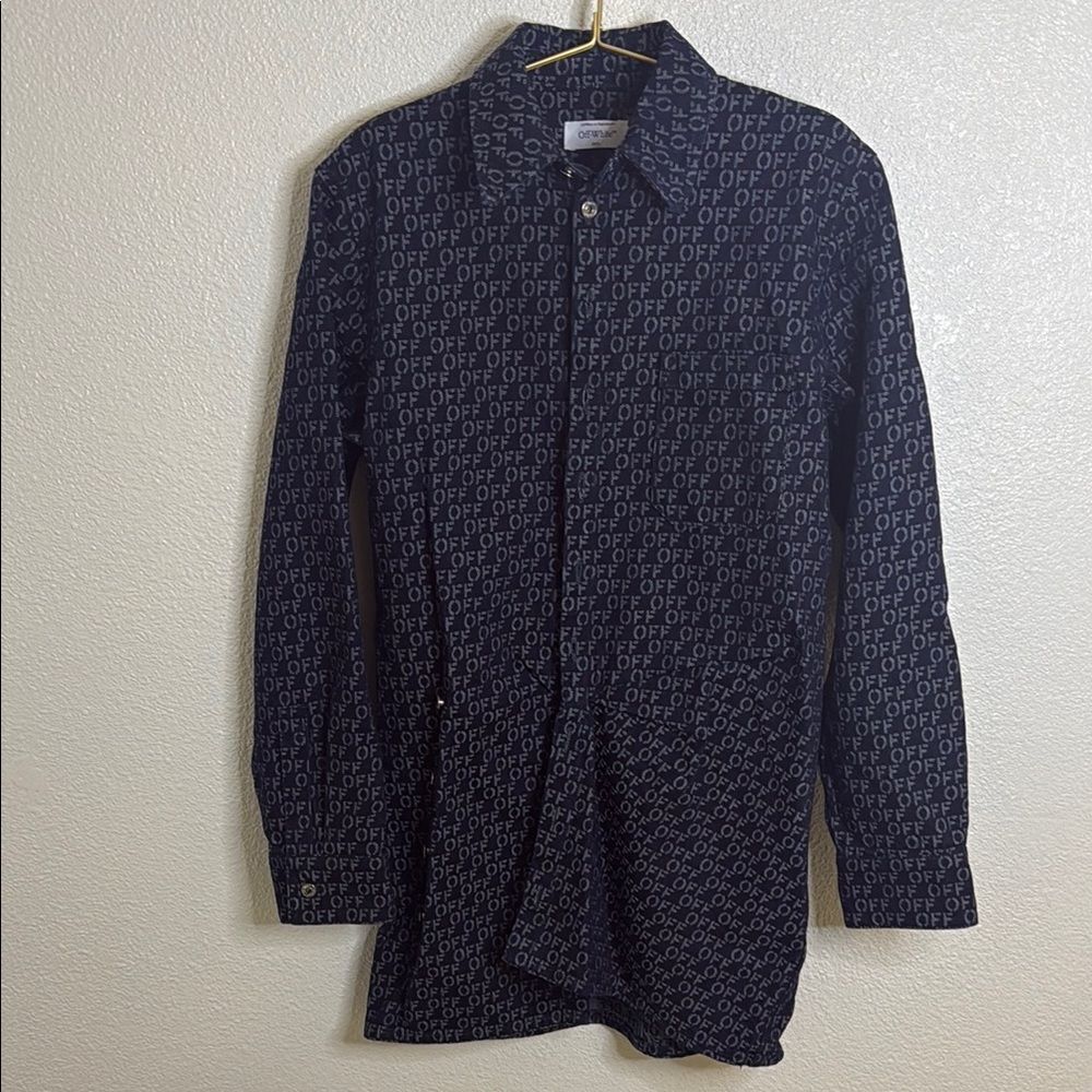 NWT- OFF-WHITE Navy Button-Up Shirt with Patterned logo Print- size 38 (Size 2)